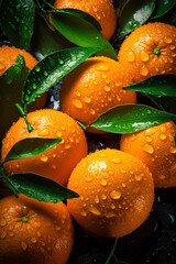 Seamless background many ripe orange tangerines with green leaves visible water drops