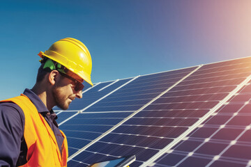 AI generated engineer man working with solar panels wind power turbines against blue sky background