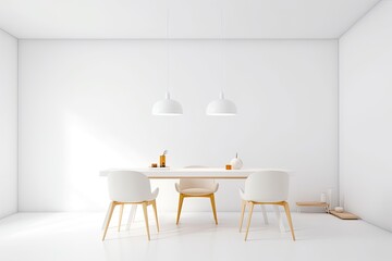 In a mockup of a white living room with an empty table, a wooden chair is seen. Generative AI