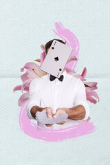 Vertical collage picture of magician man hands hold poker cards ace cover face big flower isolated on drawing background