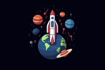 Picture of a space rocket traveling across the cosmos while carrying planets and stars. Generative AI