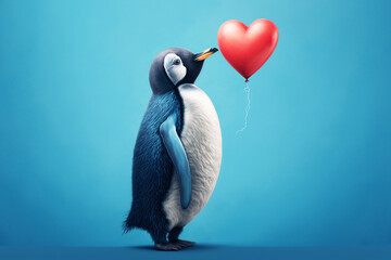 Penguin with heart balloon on blue background. Generative AI.