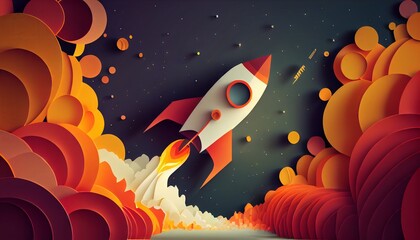 Rocket flying in space. Paper art and craft style. Generative AI