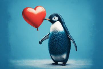 Obraz premium Penguin with red heart balloon. Generative AI.