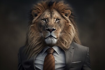 Lion in a suit and tie on a dark background. Business concept. Generative AI