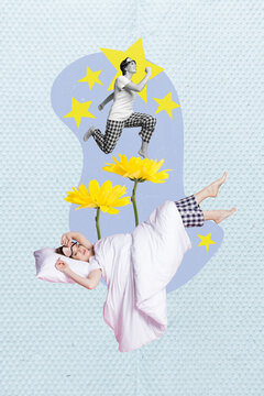 Vertical collage image of peaceful sleeping girl comfy pillow blanket dreams jump run stars yellow flowers isolated on creative background
