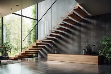 Modern, elegant L shape wood cantilever stair with black granite base staircase. AI generated - obrazy, fototapety, plakaty