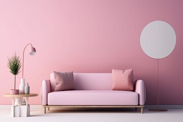 a living room with a sofa, an outdoor plant, and a floor lamp. For your art and print mockup, interior scene, and wallpaper mockup needs, use empty walls with a frame. isolated on the color pink