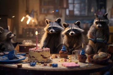 Raccoon party. AI generated