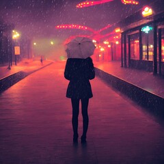 woman at night in the rain