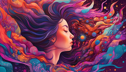 Woman with Colorful Hair and Vibrant Cosmos