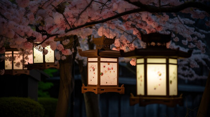 Historical Nara, old lit lanterns under gorgeous sakura blossoms. Generative AI.