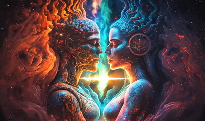 Obraz premium man and woman silhouette ,gender identity esoteric human concept ,Astral ,body spiritual mind generated ai