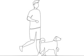 A man playing run with his dog. Walking or playing with dog one-line drawing