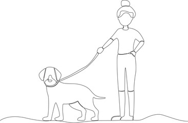 A woman playing with her dog. Walking or playing with dog one-line drawing
