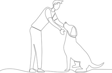 A man holding his dog by the neck. Walking or playing with dog one-line drawing
