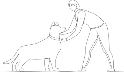 A woman strokes her dog's neck. Walking or playing with dog one-line drawing