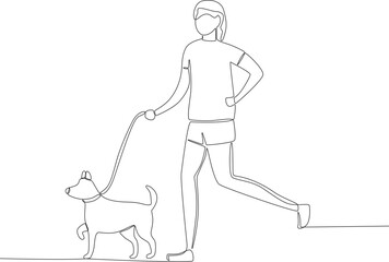 A woman goes for a jog with her dog. Walking or playing with dog one-line drawing