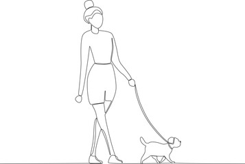 A woman holding her puppy by the collar. Walking or playing with dog one-line drawing