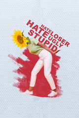 Vertical collage image of girl arms hold carry huge hate words weight loser ugly stupid sunflower...