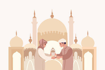 Joyful Muslim men and women celebrating together, exchanging presents, engaging in charitable acts, and extending congratulations to one another, with a mosque silhouette backdrop. Vector. 
