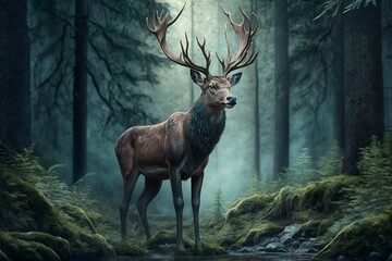 Deer in a forest at dawn. Created using generative AI.