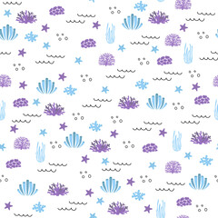 Vector seamless pattern with algae, corals.Underwater cartoon creatures.Marine background.Cute ocean pattern for fabric, childrens clothing,textiles,wrapping paper