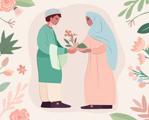 A charming pastel illustration Holy Month Ramadan, Hari Raya or Eid Mubarak greeting with botanical decorations. Muslim men and women exchange greetings. Vector illustration.