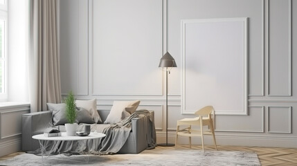 Mockup frame in Scandinavian living room interior background. Generative Ai