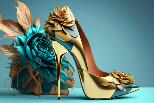 Female shoes with botanical elements. 3d rendering illustration, generative ai background