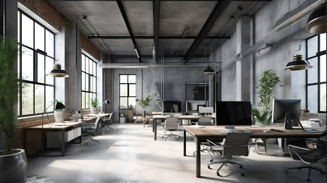 Modern office interior in loft, industrial style. Generative Ai