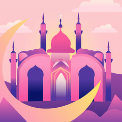 Islamic faith banner design. The silhouette of the mosque on the background of the sunset. Have a peaceful holy night. The holy month Ramadan. Vector illustration for banner, cards, posters. Vector
