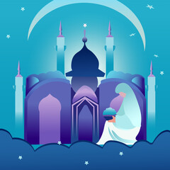 Islamic faith banner design. A devout Muslims pray namaz or salah as he faces the sunset, set against a mosque silhouette in the background. Vector.