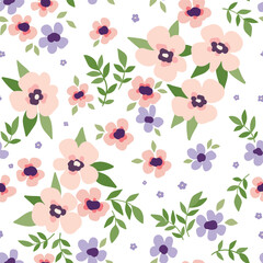 Seamless floral pattern. Romantic ditsy print with cute small flowers on a white background. Delicate botanical design with tiny hand drawn flowers, leaves in pastel colors. Vector illustration.