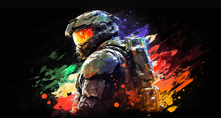 Photo of astronaut wearing space suit gaming art multicolor splash, digital art for social media covers, posts and youtube channels.