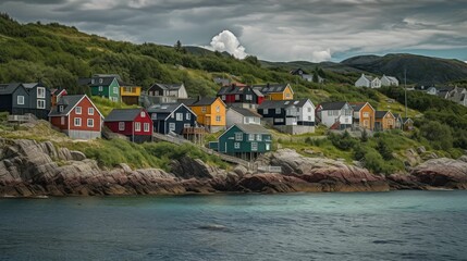 Fototapeta na wymiar Village of colored houses by the coast of the ocean in Scandinavia. Generative AI illustration.