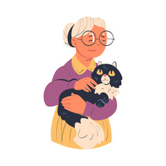 Senior Woman Character in Glasses Stroking Fluffy Cat as Her Favorite Pet Vector Illustration
