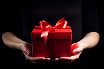 Woman in black dress is holding in her hands bright red gift box with a bow, black background, close up view. Generative AI.