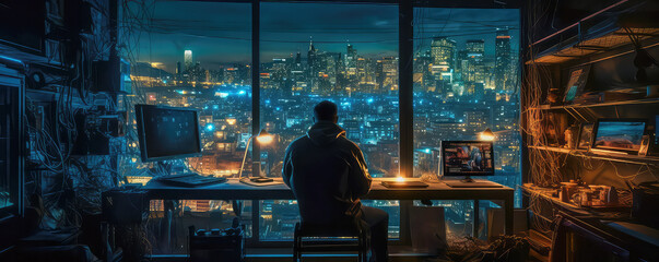 Tech nerd sits on a large desk in his chair in a tech-packed penthouse room overlooking a city skyline at night, Web Banner, Background, Generative AI