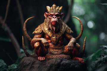 Fototapeta premium King monkey in the jungle or forest with powerful angry look. Hindu or hinduims monkey god concept representation. Dominating primate chimp character. Ai generated