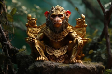 Obraz na płótnie Canvas King monkey in the jungle or forest with powerful angry look. Hindu or hinduims monkey god concept representation. Dominating primate chimp character. Ai generated