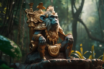 King monkey in the jungle or forest with powerful angry look. Hindu or hinduims monkey god concept representation. Dominating primate chimp character. Ai generated