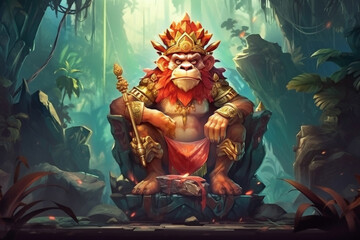 King monkey in the jungle or forest with powerful angry look. Hindu or hinduims monkey god concept representation. Dominating primate chimp character. Ai generated