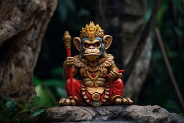 King monkey in the jungle or forest with powerful angry look. Hindu or hinduims monkey god concept representation. Dominating primate chimp character. Ai generated