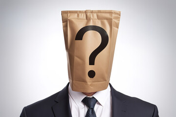 A businessman with a package on his head hid his head. Question mark, solution idea. Generative AI.