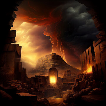 Gomorrah and Sodom destroyed by god, rain of sulfur and fire, story of the bible, generative AI
