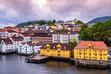View of Bergen harbor and authentic houses from the cruise ship. Bergen is the city and municipality in Hordaland on the west coast of Norway 
