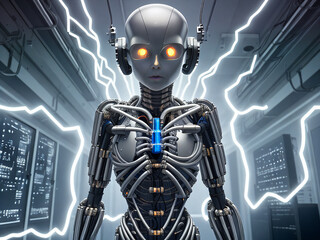 A Female Robot with Glowing Eyes and Lightning Bolts in a Data Centre, Generative AI
