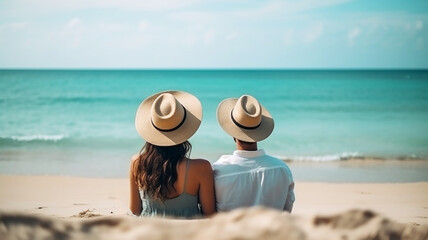 Fototapeta na wymiar Beautiful tourist with hats sits on a tropical beach and enjoys view, generative ai tools
