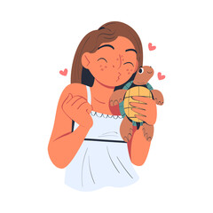 Young Woman Character Cuddling and Kissing Turtle as Her Favorite Pet Vector Illustration